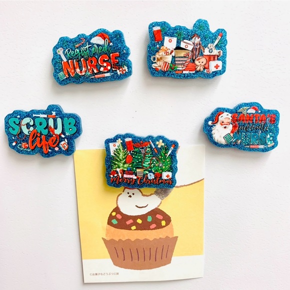 Handmade Christmas Magnets 5 pcs Glitter, Gift For Nurse, Holiday Nursing RN - Picture 2 of 4